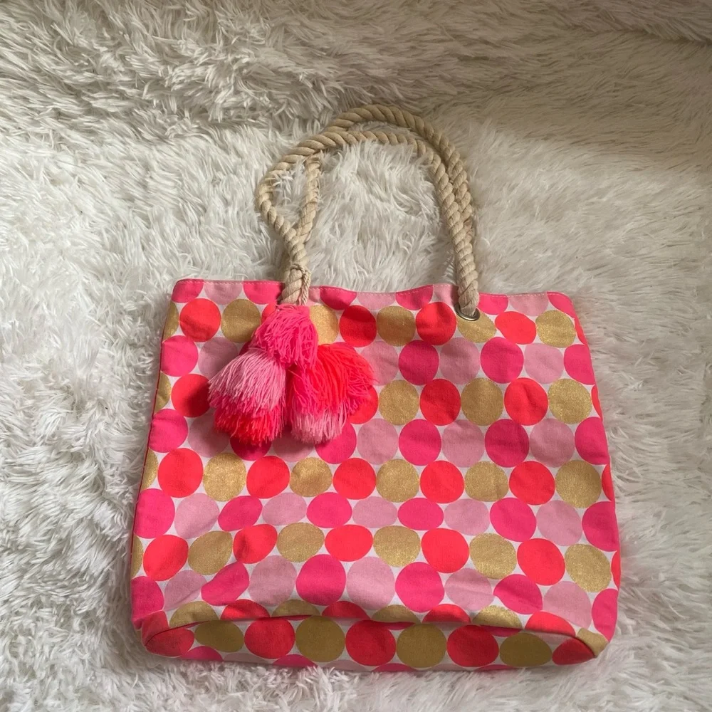 Girls Tote Bag | Summer Pool Beach Bag Book Bag Rope handle polkadots & tassel